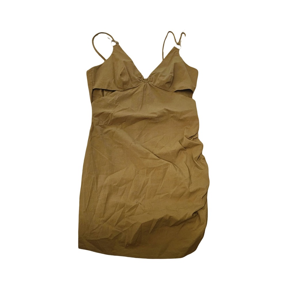 Zara Womens Tan Brown Cut Out Ruched‎ Mini Dress Large Spaghetti Strap V-Neck